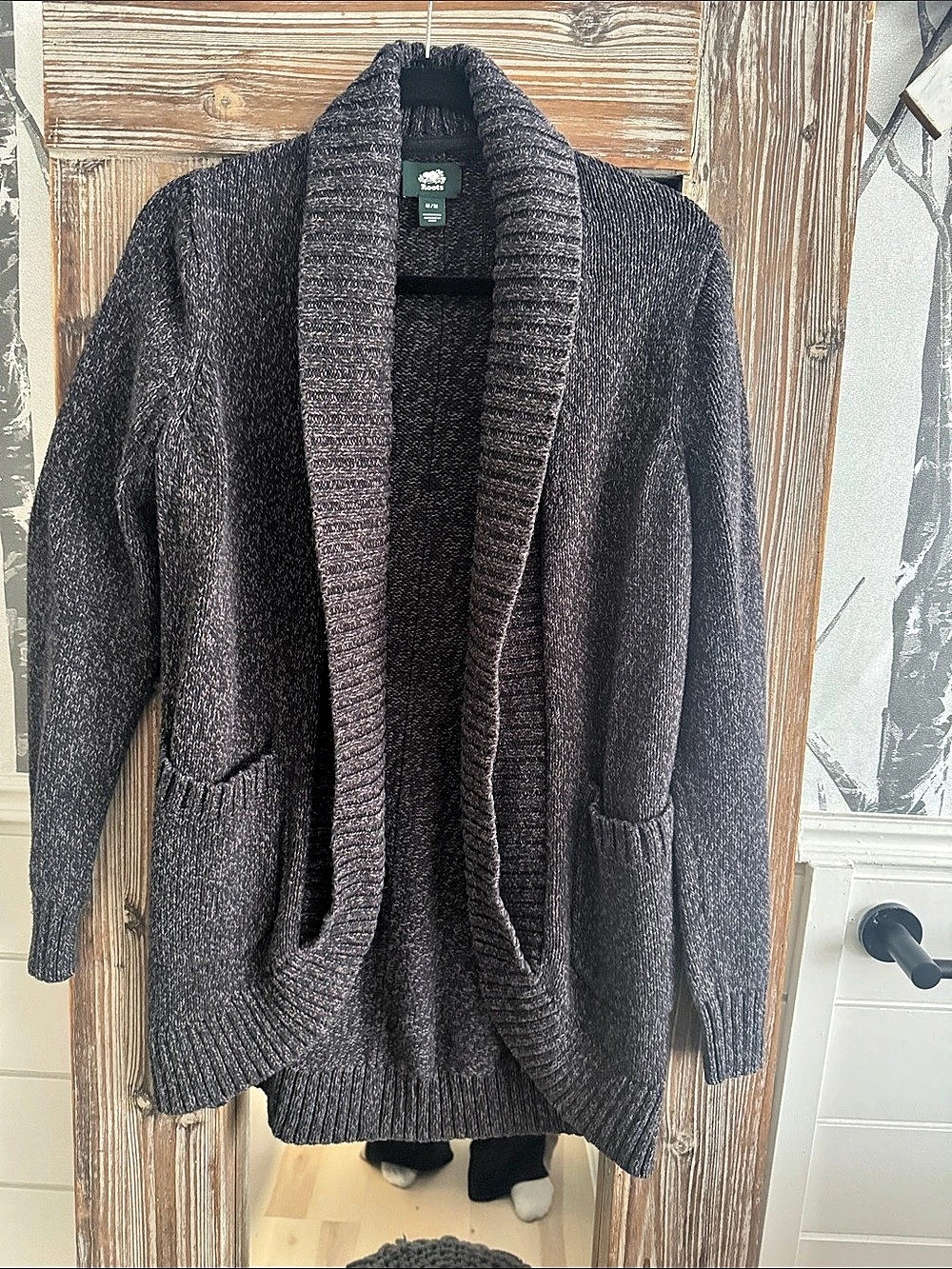Roots Cabin Open Front Shawl Collar Cardigan Gray Medium